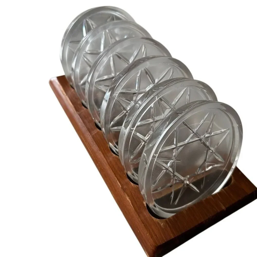 Set Of 6 Vintage Glass Drink Coasters In Wooden Holder